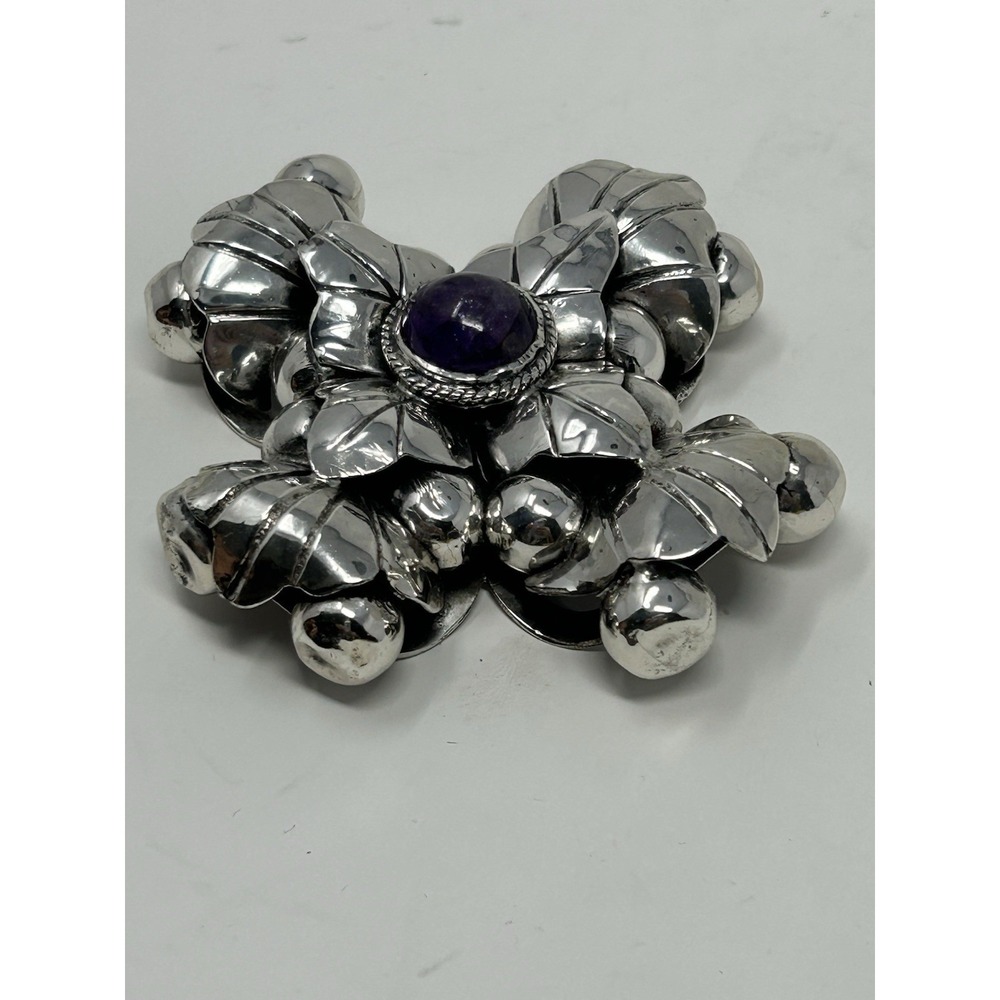 Vintage Mexican 925 Sterling Silver Amethyst Cross Pendant 62g Pre 1948 - Picture 10 of 16